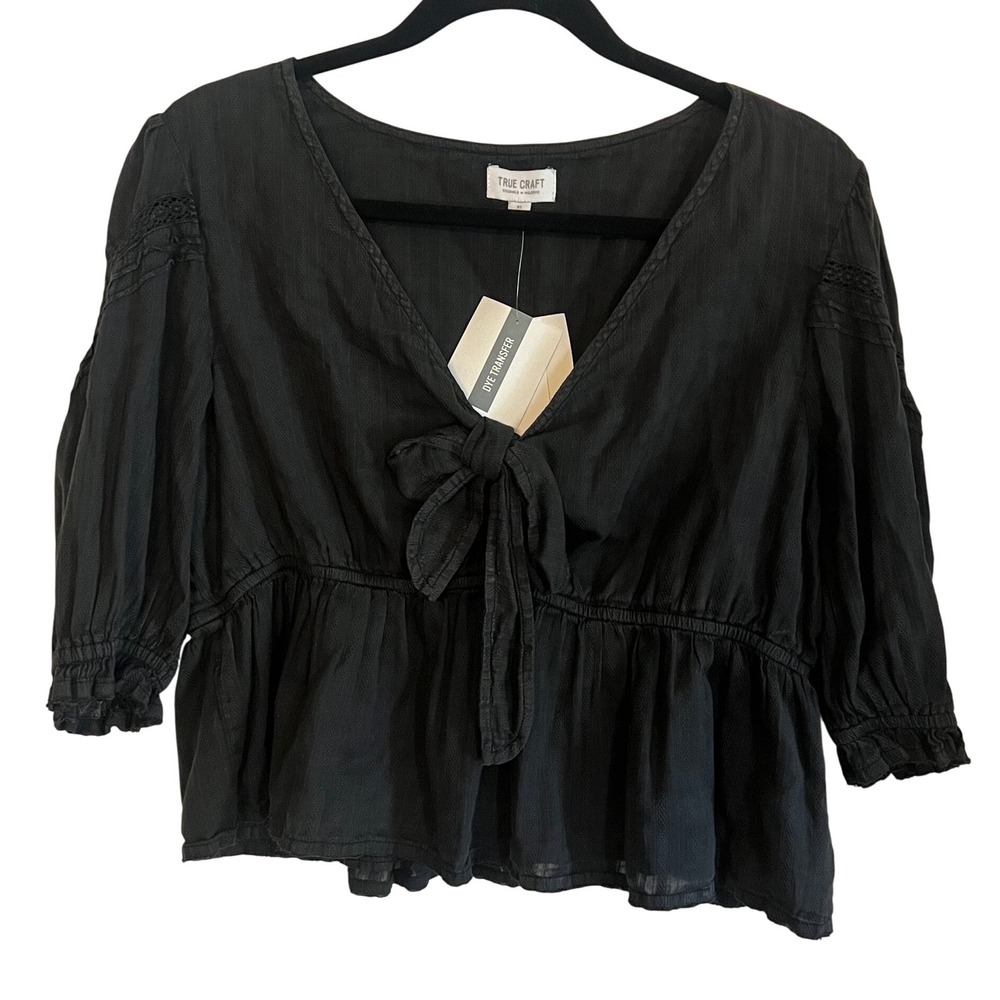 True Craft Black Tie Front Peplum Top Crochet Lace 3/4 Sleeve Womens XL NWT